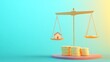 © Ultra promax  - A balanced scale holding a small house on one side and stacked golden coins on the other, set against a gradient blue background