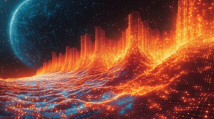 Wall Mural - vibrant digital landscape with waves of light under a distant planet in a cosmic setting