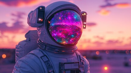 Wall Mural - Astronaut in a colorful galaxy helmet against a vibrant sunset, symbolizing exploration and wonder