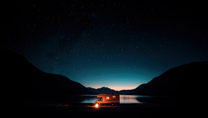 Wall Mural - Camping by lake at night for vacation, mountains, stars, peaceful vibes