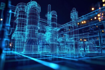 Wall Mural - futuristic industrial blueprints in a vibrant night setting, showcasing advanced technology and arch