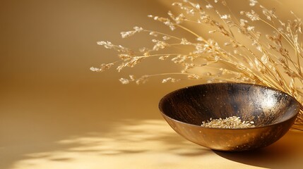 Wall Mural - Wooden bowl of sesame seeds and dried grasses