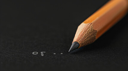 Pencil on Black Paper: Close-up shot of a well-sharpened pencil on black paper, with faint markings suggesting the beginning of a written word, creating a sense of anticipation and creative potential.