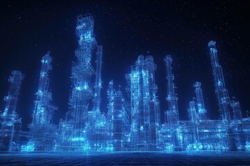 Wall Mural - futuristic blue wireframe industrial cityscape with glowing structures, depicting technology and inn