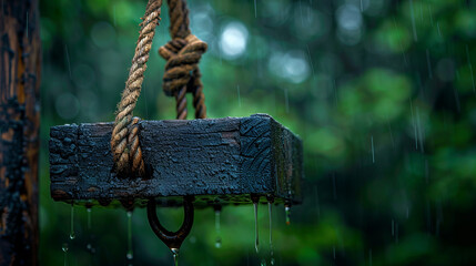 Wall Mural - Rainy Day Details: A weathered wooden block hangs from a thick rope, rain dripping from its surface and blurring the verdant green background, creating a sense of tranquility and isolation.