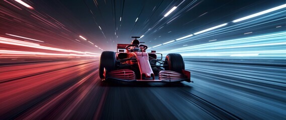 Powerful red Formula 1 car accelerating at high speed, captured from a front-facing perspective with intense motion blur, glowing red and blue light streaks, and a dark dynamic background