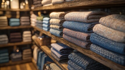 Wall Mural - Neatly folded blankets displayed on wooden shelves in a store for selling use