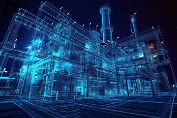 Wall Mural - futuristic industrial complex in blue wireframe design, showcasing energy efficiency and technologic