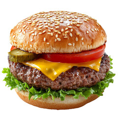 Poster - Delicious cheeseburger with sesame seed bun, lettuce, tomato, pickles, and melted cheese, perfect for satisfying meal