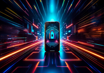 Aufkleber - A phone with a lock symbol is centered against a dynamic backdrop of blurred neon lines, evoking digital security and rapid technological advancement.