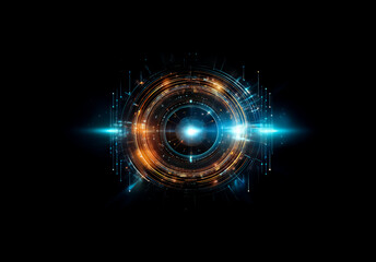 Poster - A luminous circular design in blue and orange illuminates the dark background. Digital patterns and radiant lines emanate from the central glowing core, creating a tech-inspired and dynamic abstract a