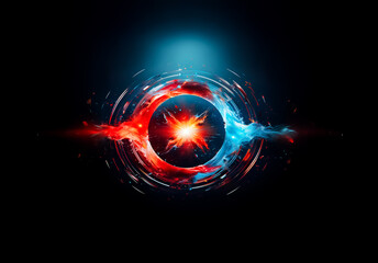 Poster - Vibrant circular artwork with a central glowing burst. Red and blue energy swirls around, contrasting against a dark background, creating a dynamic and abstract design.