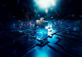 Leinwandbilder - Illuminated puzzle piece stands out on a dark surface resembling a circuit board with other puzzle pieces, creating a futuristic and technological ambiance.