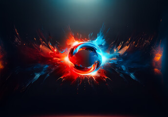 Aufkleber - Vibrant abstract design featuring a central circular element with dynamic splashes of fiery red and cool blue against a dark backdrop.  The artwork evokes a sense of energy and explosive motion.