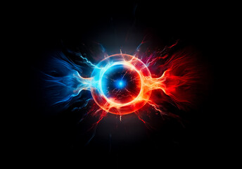 Poster - Vibrant energy sphere with contrasting blue and red plasma streams emanating outwards on a dark backdrop. Dynamic and captivating visual element.