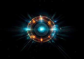 Aufkleber - Bright circular abstract object with radiating beams of light in blue and orange hues. Luminous and energetic design on a dark black background.