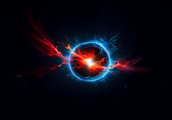 Poster - Vibrant circular energy core bursts with dynamic blue and red hues against a dark background, radiating cosmic power and abstract intensity.