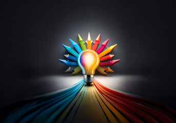 Aufkleber - A vibrant lightbulb emits bright light, surrounded by colorful arrows pointing inwards, symbolizing creative ideas and inspiration flowing outward in a spectrum of colors.