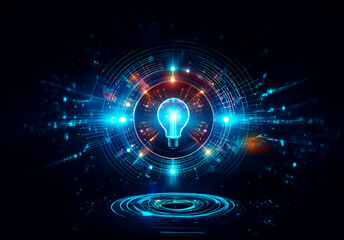 Fototapete - A glowing light bulb is centered in a dark backdrop, surrounded by bright blue and orange circles and lines, evoking concepts of technology, innovation, and ideas.