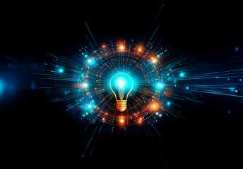Fototapete - A bright light bulb is centered in a swirling digital design, radiating outwards with glowing circles and lines against a stark black backdrop.  This abstract image evokes ideas of innovation and tech