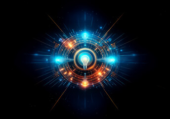 Poster - Bright center light with blue and orange circles and rays on a black background, creating a futuristic and abstract glowing energy effect.