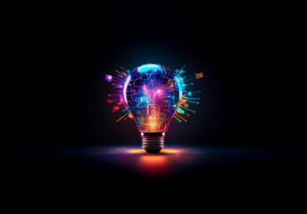 Poster - A vibrant light bulb bursts with colorful abstract energy against a dark backdrop, symbolizing innovation and bright ideas in a digital age.