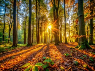 Wall Mural - Backlit forest photography captures nature's magic: sun-drenched leaves and golden hour glow.