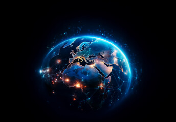 Fototapete - A glowing globe of Earth is depicted against a dark background, highlighting continents and networks of light connecting various locations across the planet.