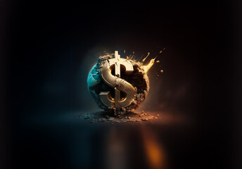 Aufkleber - A golden dollar symbol violently emerges from a fractured sphere, set against a stark dark background with dramatic blue and orange illumination, representing financial disruption.