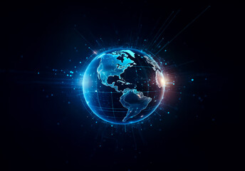 Fototapete - Digital globe with glowing blue continents and light rays in dark space. Represents global connection and futuristic technology.