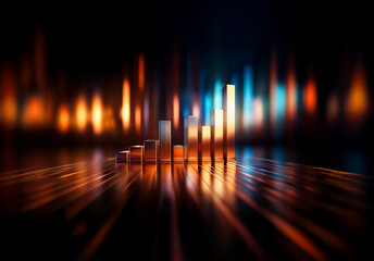 Poster - A metallic bar chart reflects blurry lights against dark background. Dynamic abstract data or growth representation. Illuminated, modern scene.