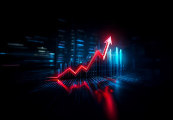Poster - Red arrow graph points upward on a dark backdrop with blue lights. Represents business growth, financial success, and market trends, in digital style.