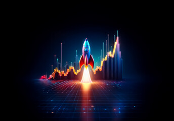 Poster - Bright rocket launching upwards with a vibrant digital graph trending up in a neon style against a dark backdrop, symbolizing growth and success in a technological context.