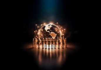 Leinwandbilder - A group of people stands in a circle around a glowing globe, symbolizing global network and connections in a dark setting.