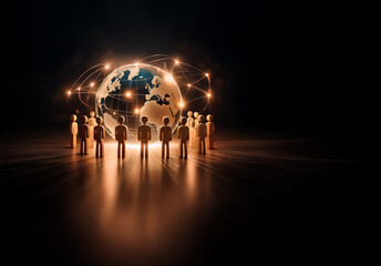 Aufkleber - A group of figures encircles a glowing globe with network lines, set against a dark backdrop.  Warm orange light illuminates the scene, representing global connectivity and unity.