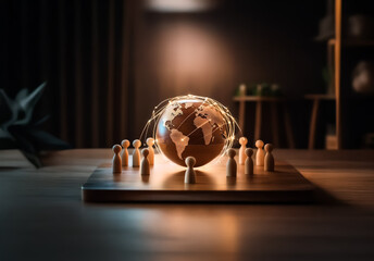 Leinwandbilder - A glowing wooden globe is surrounded by wooden figures on a platform, suggesting global connections and community in a warm, softly lit setting.