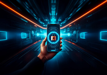 Aufkleber - A hand securely holds a smartphone displaying a lock icon, symbolizing digital security. The futuristic backdrop features glowing blue and orange neon lights, highlighting technology and protection.
