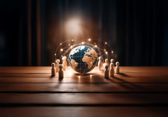 Leinwandbilder - Wooden figures encircle a globe connected by glowing lines, illustrating global network and communication on a wooden table surface in a blurred setting.