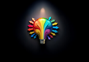 Poster - A vibrant light bulb radiates colorful arrows outwards on a dark backdrop, symbolizing creative ideas and diverse directions of innovation.
