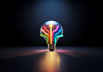 Aufkleber - A bright lightbulb illuminates colorful arrows pointing upwards, symbolizing diverse ideas and solutions emerging from a central source in the darkness.