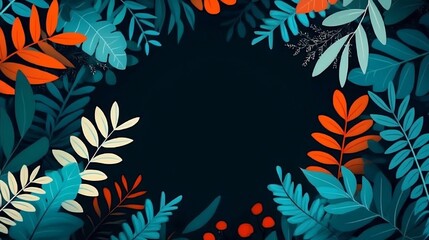 Wall Mural - Vibrant teal orange leaves frame dark background subtly illuminated. AI Generated