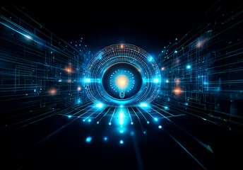 Leinwandbilder - A bright light bulb at the core of a digital network, radiating energy and ideas through glowing lines in a futuristic abstract design.