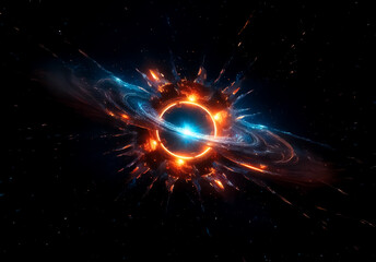Aufkleber - A dynamic cosmic explosion of blue and orange energy emanates from a brilliant central point, set against the vast darkness of space.
