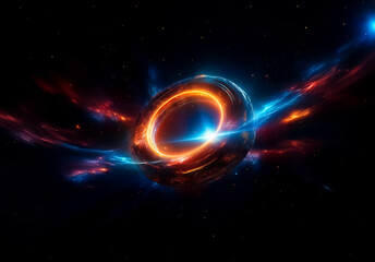 Poster - A glowing cosmic ring dominates dark space, radiating orange and blue light, amidst distant stars and nebulae.