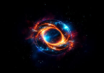 Poster - A luminous sphere encircled by a vibrant orange ring, set against a dark space filled with stars, showcasing an abstract cosmic energy.