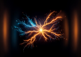 Aufkleber - Bright center emits radiant orange and blue energy streams in a dark space.  Electrical discharge effect with glowing branches spreading outwards. Dynamic and vibrant light display.