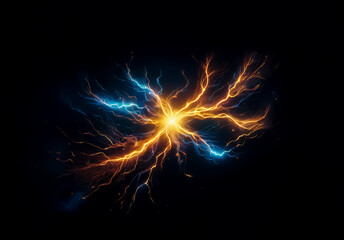Aufkleber - Bright center with orange and blue electric arcs radiating outward on a dark backdrop. Energy bursts with vibrant lightning effects.