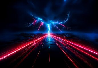 Poster - A dark road stretches into the distance, illuminated by red light trails and a powerful blue lightning strike in the sky, creating a dramatic and intense scene.