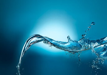Poster - A dynamic close-up captures the motion of clear water splashing against a soft blue background. The fluid movement and vibrant color create a fresh and pure feeling.