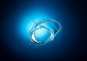 Fototapete - Water splash forms a circular shape against a vibrant blue gradient backdrop.  The clear liquid creates a dynamic ring with scattered droplets, showcasing fluid motion.
